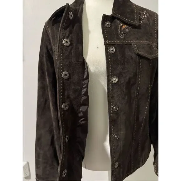 Coldwater Creek brown suede Leather stitching details sequin beaded embellishmen - Picture 10 of 10